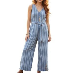 Calvin Klein Striped Linen Blend Sleeveless Wide Leg Jumper Extra Small